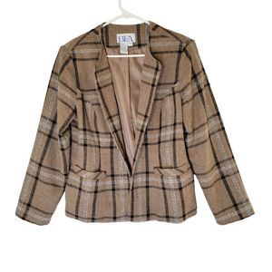 BEA‎ Classics Wool Blend Open Blazer Womens 12 Vintage Neutral Plaid Fully Lined